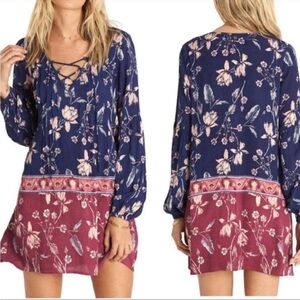 Billabong just like you starry nights boho long sleeve‎ shirt dress Blue Pink